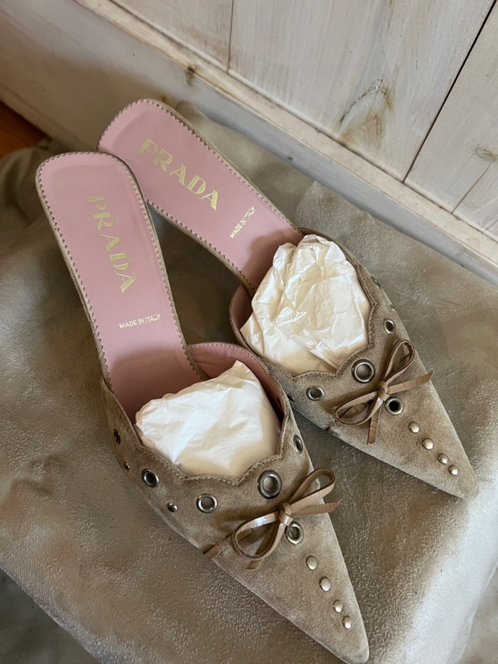 Vintage Prada Taupe Suede Pointed Mule with Pink Insole and Bow